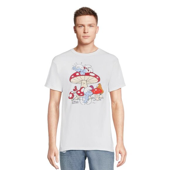 Smurfs Mushrooms Men's Graphic White T-Shirt Red Size 46-48 XL - Picture 3 of 5